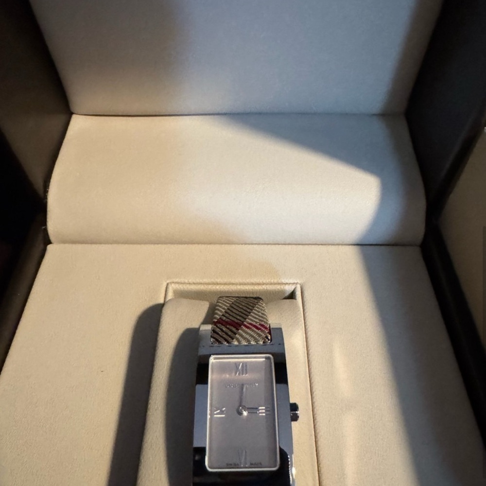 BURBERRY | Silver and Tan Watch with Signature Plaid Rectangular Face - Picture 2 of 4
